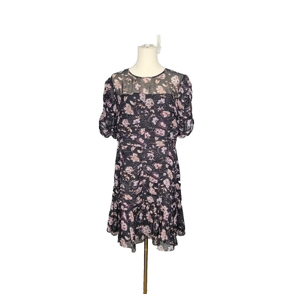 Shoshanna Dress Size 12 Kayleigh Floral Silk Ruched Black Flounce Classic